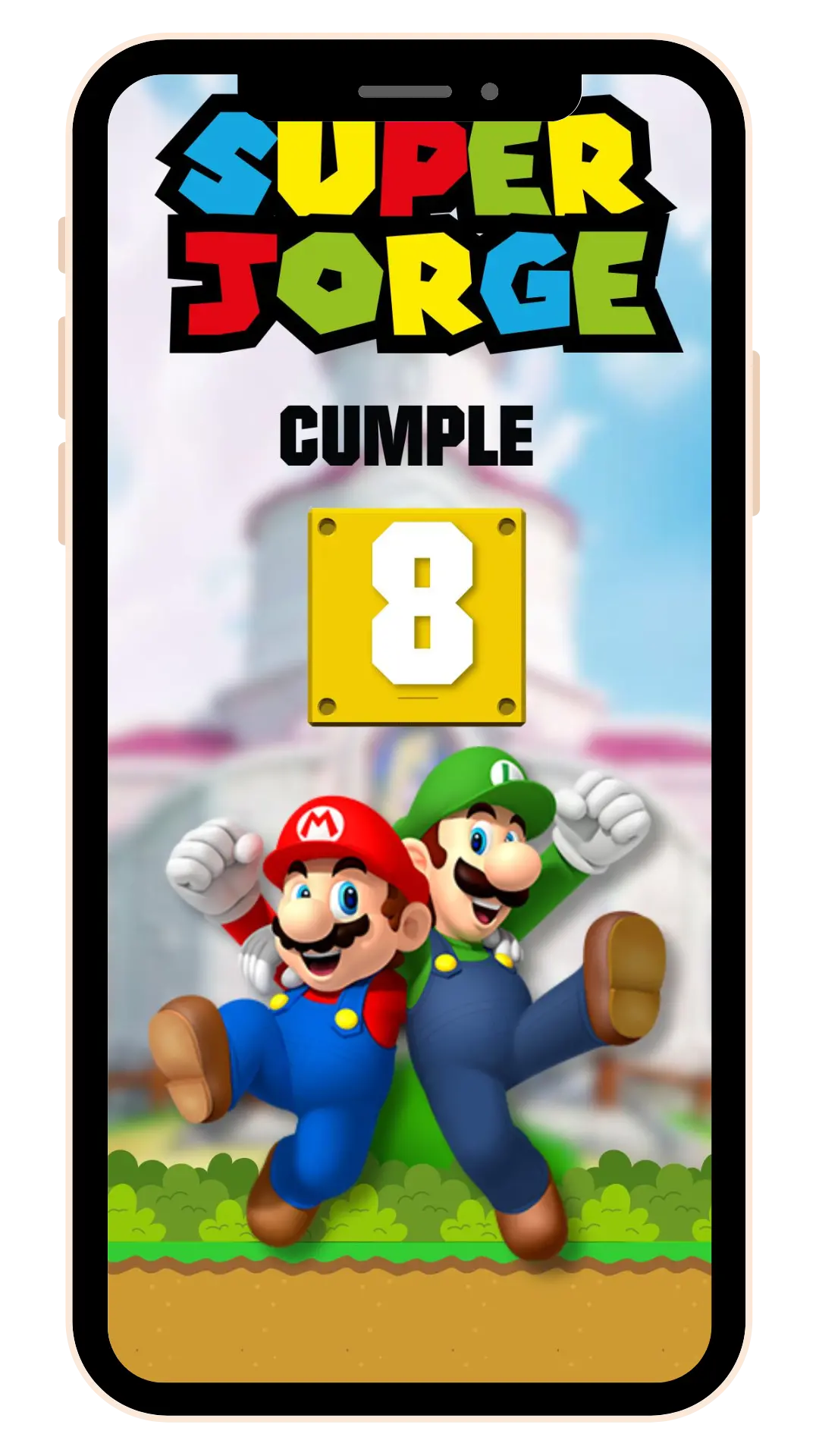 Invitaciones digitales
Un smartphone muestra una invitación de cumpleaños de 'Super Jorge' con Mario y Luigi, un bloque con el número '8' y el texto 'CUMPLE', todo con un fondo de Super Mario Bros.